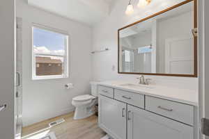 Full bathroom featuring vanity, a shower stall, and light wood-style floors