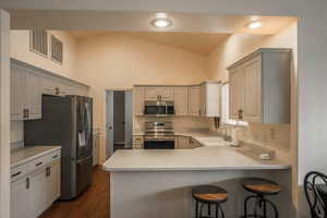 Kitchen with a kitchen breakfast bar, a peninsula, stainless steel appliances, light countertops, and lofted ceiling