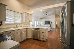 Kitchen featuring stainless steel appliances, dark wood-type flooring, open floor plan, light countertops, and lofted ceiling