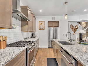 Kitchen featuring stainless steel appliances, light stone counters, light wood finished floors, decorative light fixtures, and tasteful backsplash