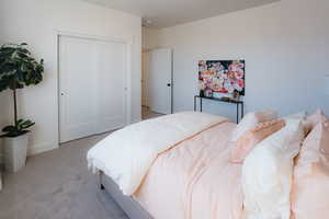 Bedroom with a closet and light carpet