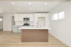 Kitchen with light wood-style floors, recessed lighting, a center island with sink, stainless steel appliances, and white cabinets