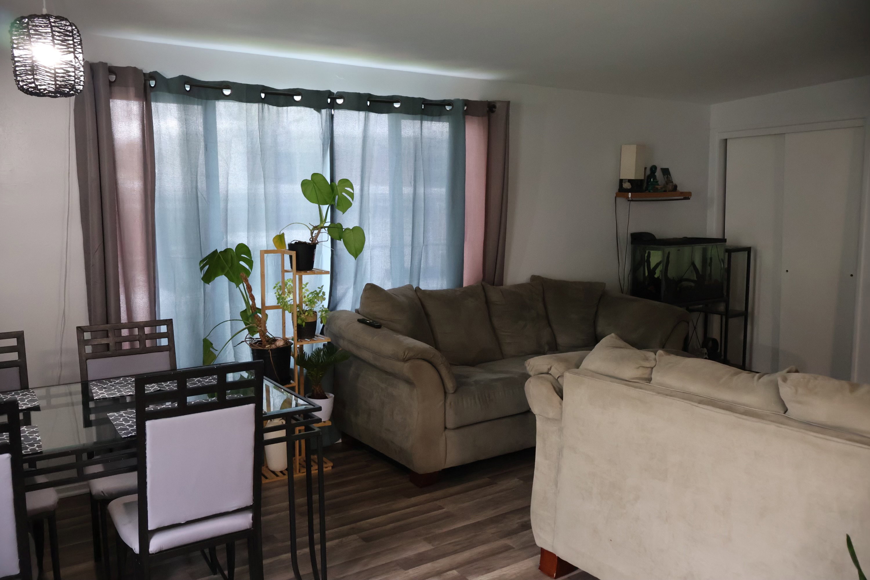Living area with dark wood-style floors