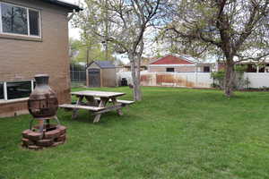 Fenced backyard with a shed