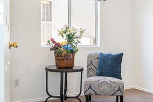 Living area with baseboards and carpet
