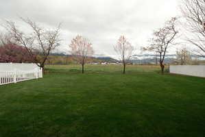 Expansive green lawn with a white picket fence border