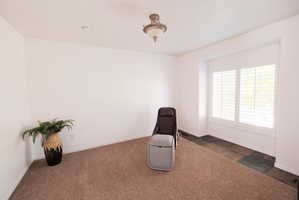 Room featuring white walls, carpet flooring, recessed lighting, a decorative ceiling fixture, and a window with white louvered shutters and a stone-finish flooring accent