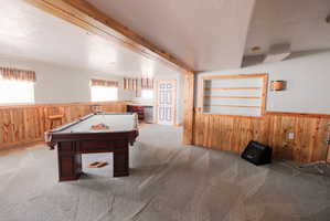 Spacious lower-level room featuring wood-paneled wainscoting and light carpeting