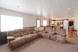 Spacious living area with carpet flooring and ample natural light from a large window