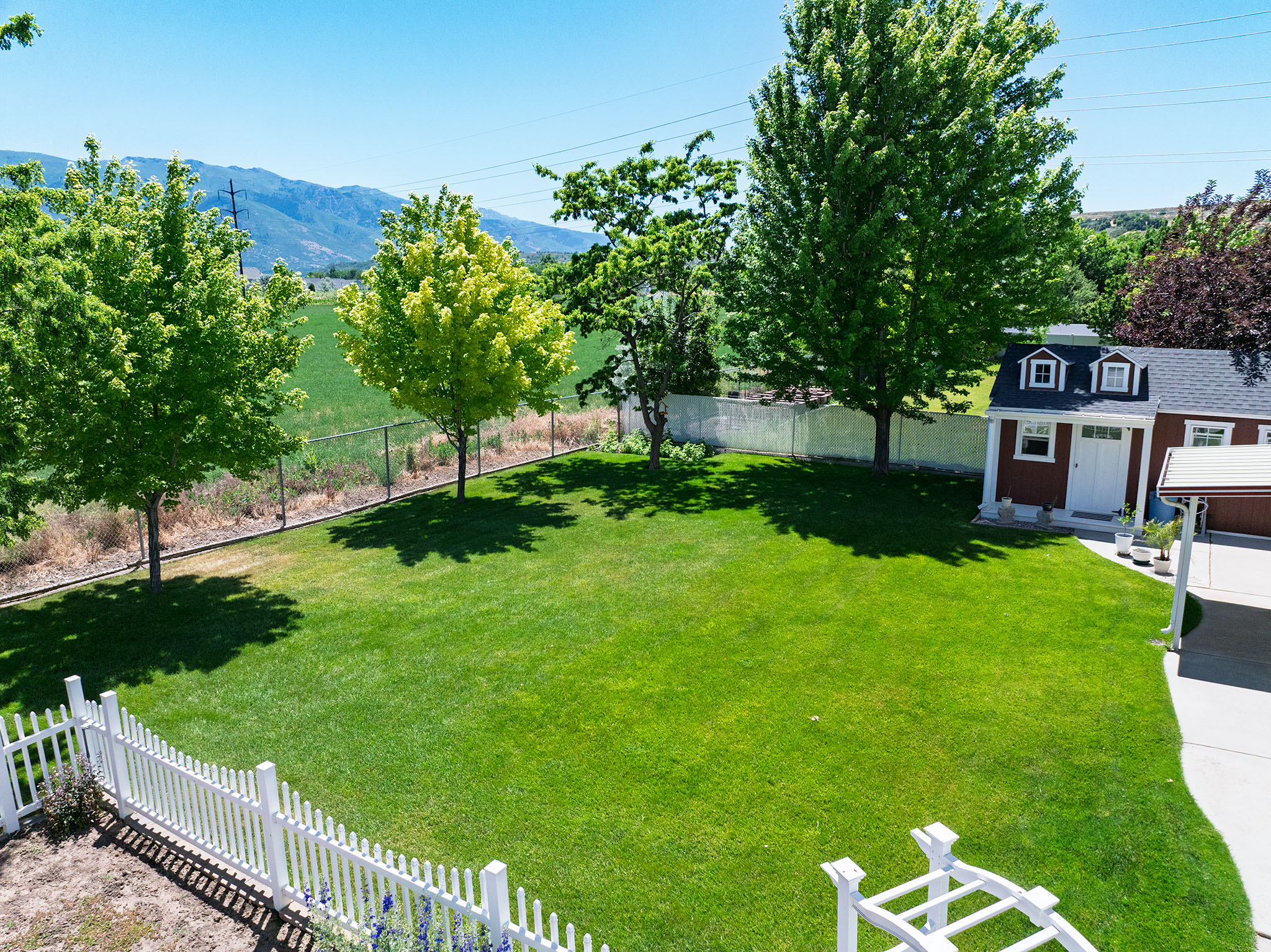 Expansive backyard featuring a manicured lawn, white picket fence, and a detached shed with dormer windows
