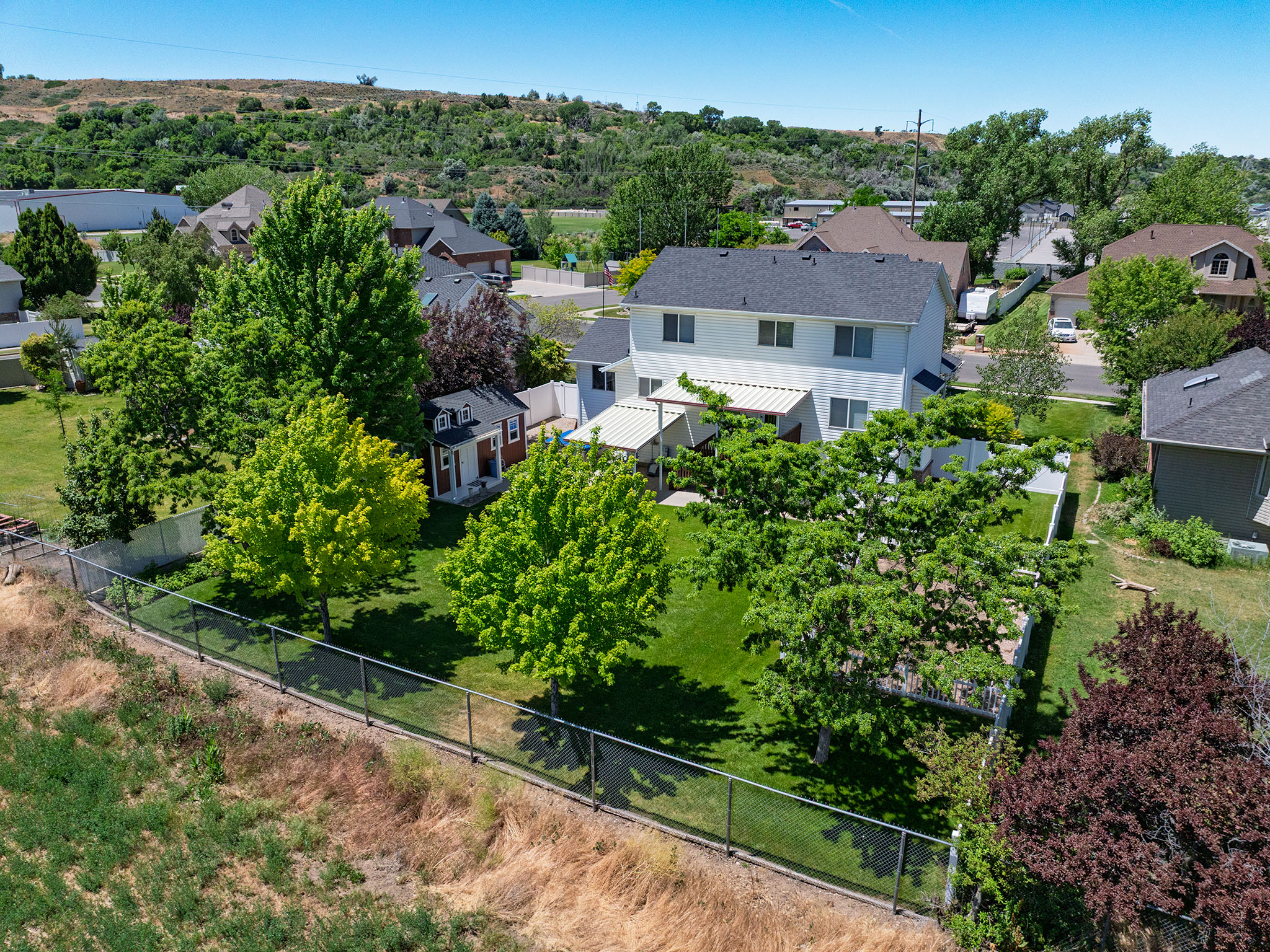 Expansive backyard featuring a lush lawn, mature trees, and a black chain-link fence