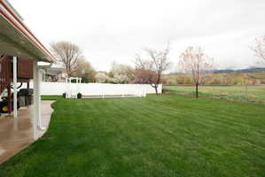 Expansive backyard featuring a large green lawn, white privacy fencing, a decorative white arbor, and a paved patio area under a covered deck