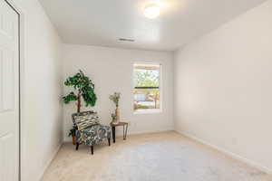 Living area with light carpet and a textured ceiling