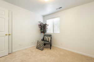 Living area featuring carpet and a textured ceiling