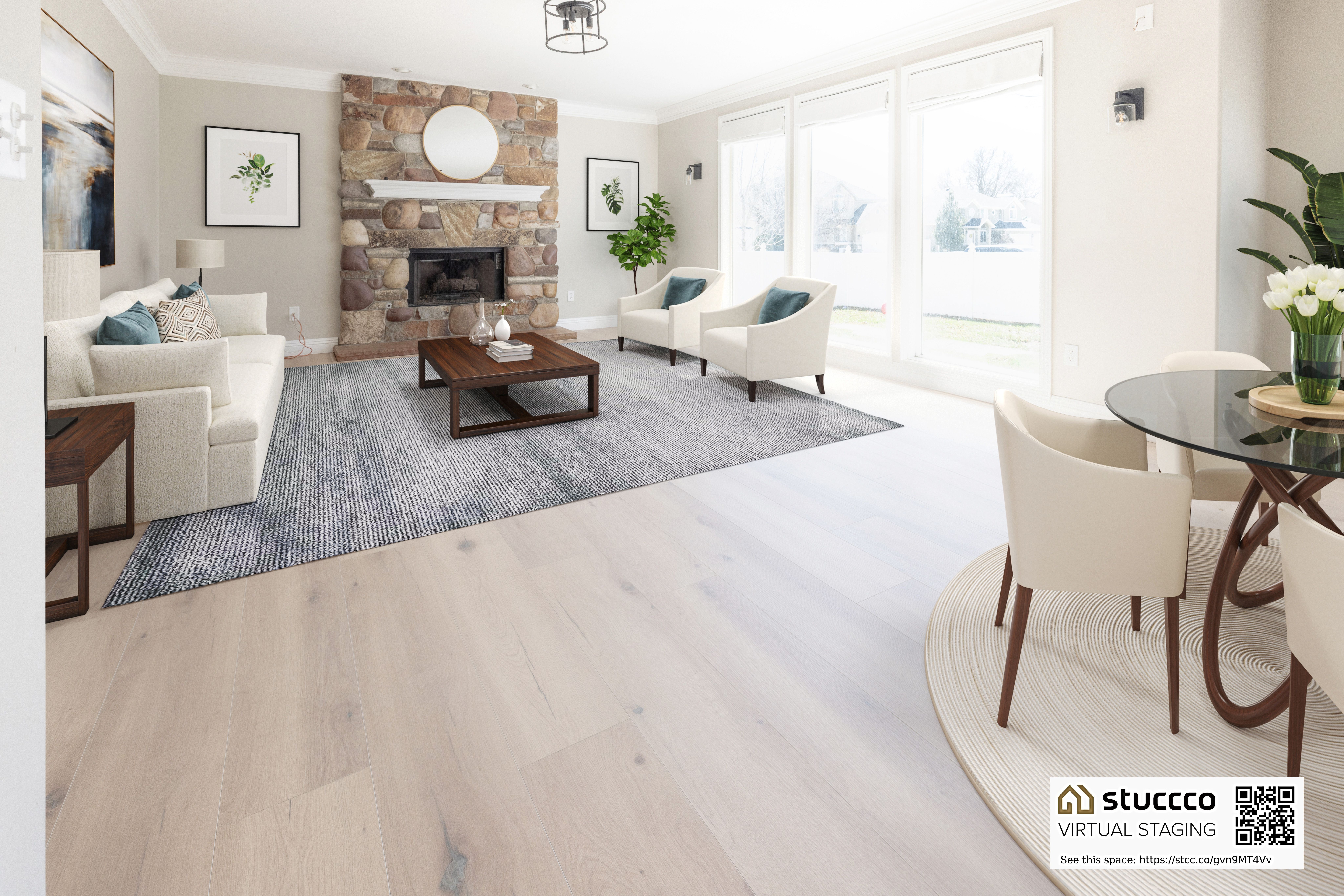 Living room with light wood-type flooring, crown molding, and a stone fireplace