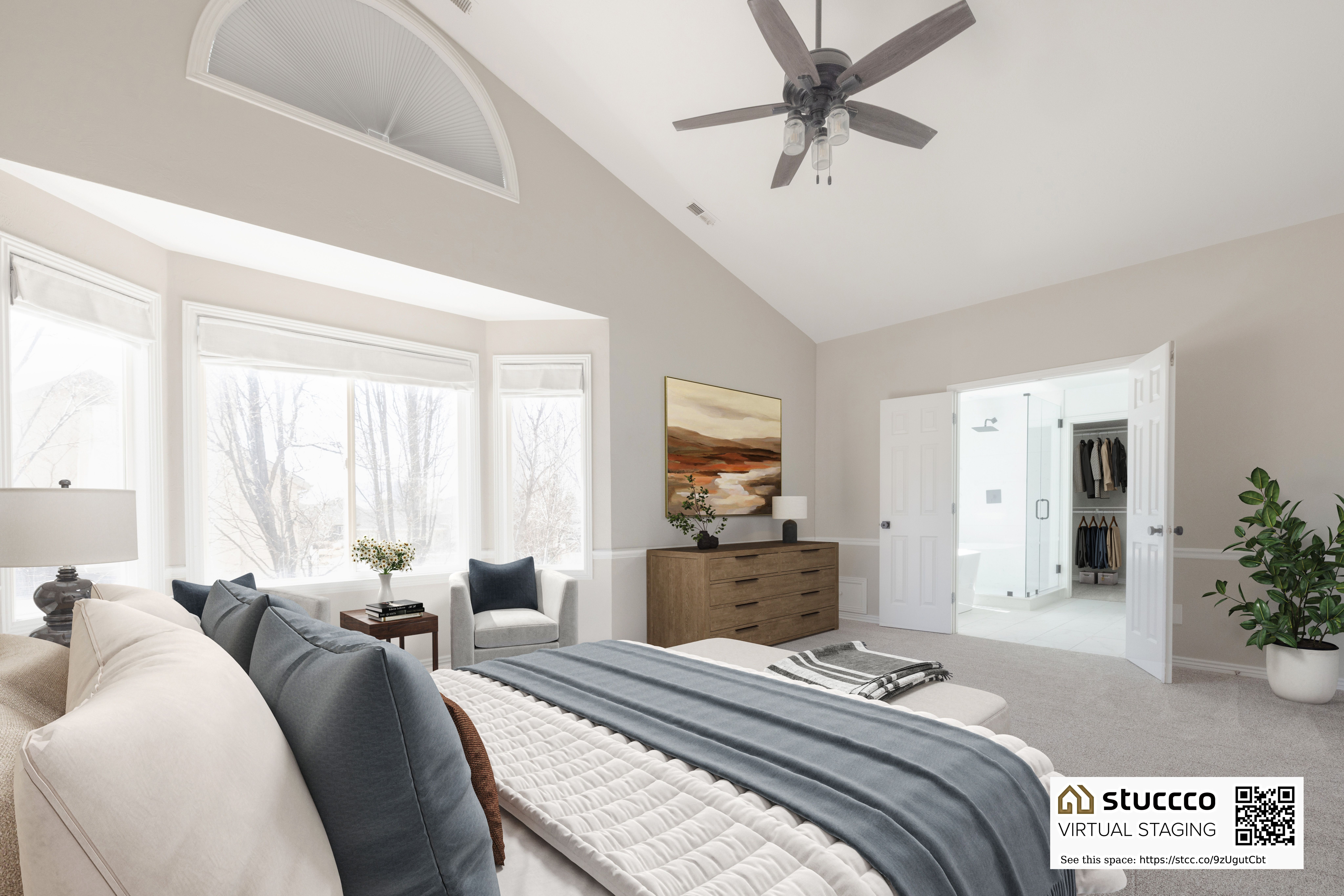 Primary Bedroom with huge vaults lots of light and space.