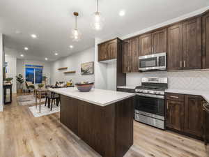 Kitchen featuring dark wood finish cabinets, stainless steel appliances, backsplash, a center island, and light wood finished floors