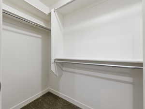 Walk in closet featuring dark carpet