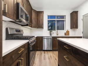 Kitchen with stainless steel appliances, dark wood finish cabinets, light wood finished floors, and decorative backsplash