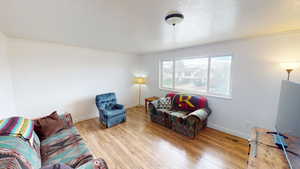Living room with light wood-style floors, ornamental molding, and a textured ceiling