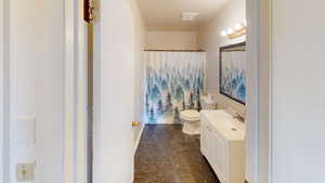Full bathroom with vanity and a shower with curtain