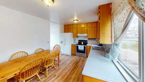 Kitchen featuring stainless steel range with electric cooktop, light countertops, white fridge with ice dispenser, wood finish cabinets, and light wood-style floors