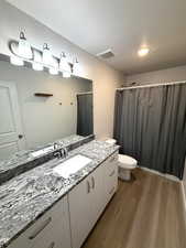 Bathroom with vanity, a shower with shower curtain, and dark wood finished floors