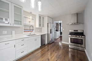 Kitchen featuring stainless steel appliances, white cabinetry, glass insert cabinets, dark wood finished floors, and decorative light fixtures