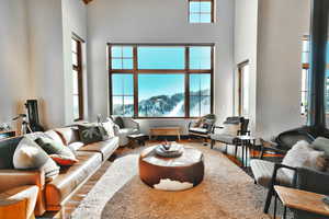 Living area with wood finished floors, a mountain view, and a high ceiling