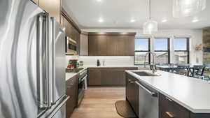 Kitchen featuring stainless steel appliances, a kitchen island with sink, light wood-style flooring, dark wood finish cabinets, and hanging light fixtures