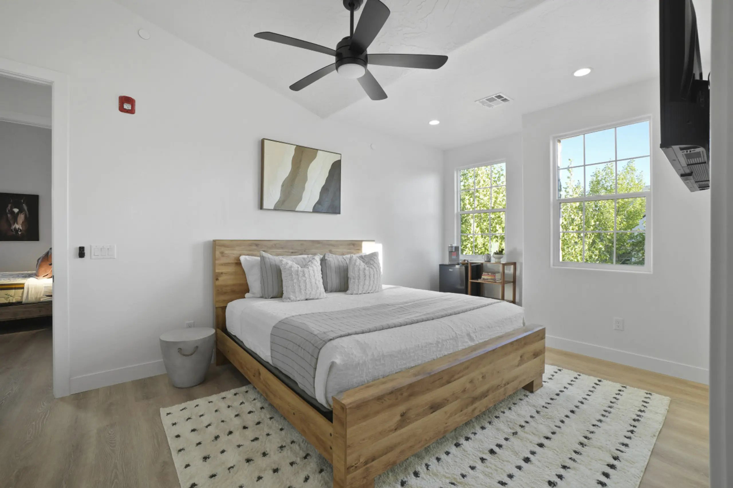 Bedroom featuring light wood finished floors, recessed lighting, and a ceiling fan