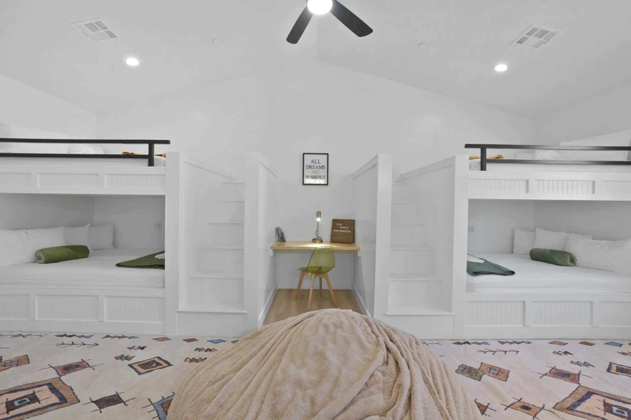 Bedroom featuring recessed lighting, lofted ceiling, ceiling fan, and wood finished floors