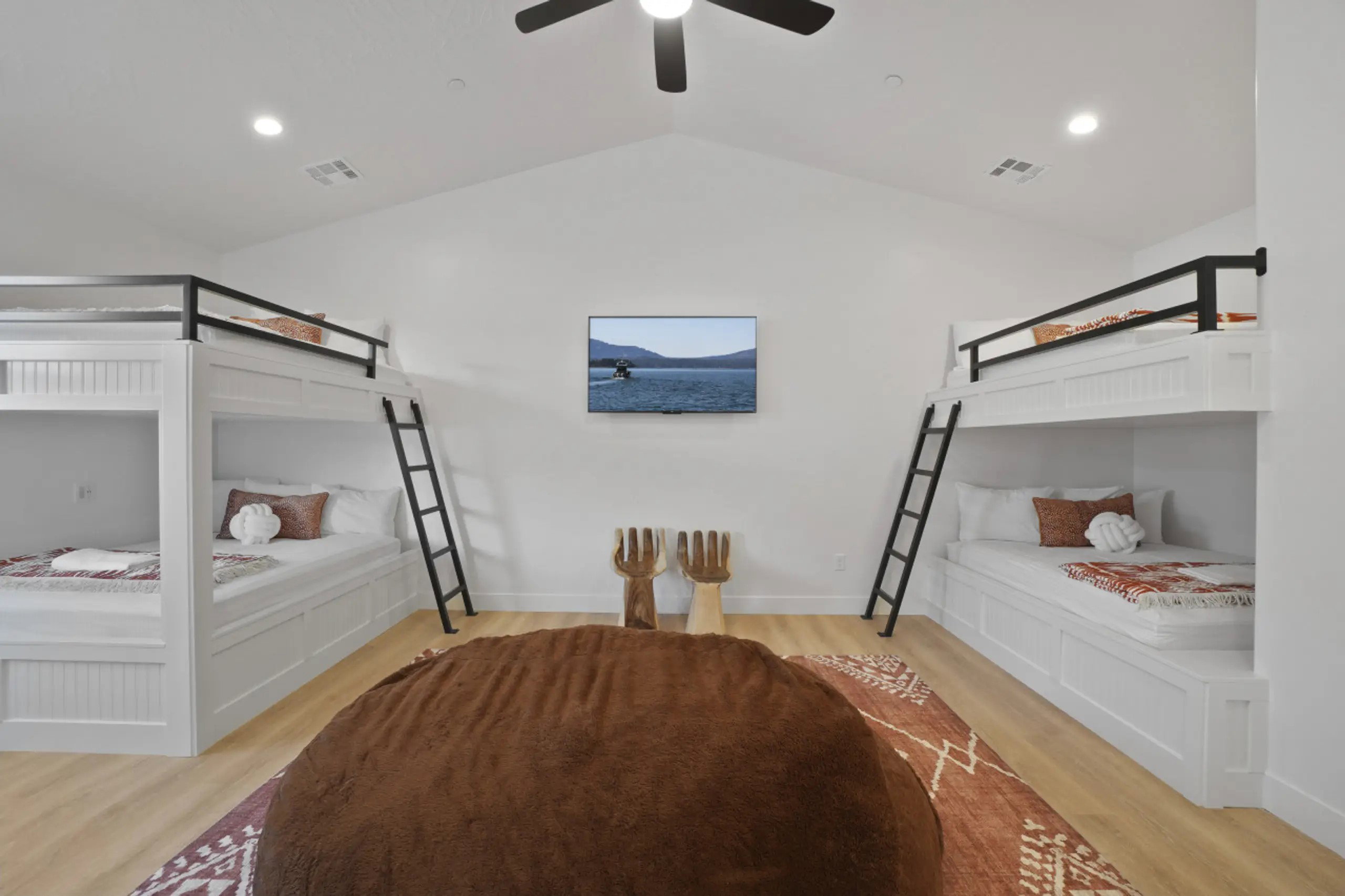 Bedroom featuring recessed lighting, light wood finished floors, and ceiling fan