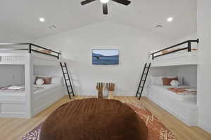Bedroom featuring recessed lighting, light wood finished floors, and ceiling fan