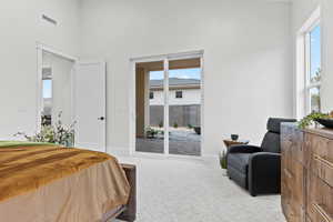 Bedroom featuring light carpet, access to outside, and multiple windows