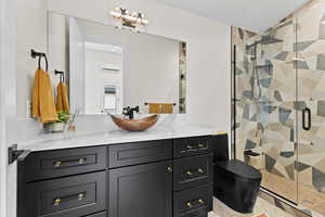 Full bath featuring vanity and a stall shower