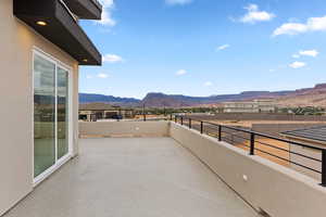 View of patio featuring a mountain view