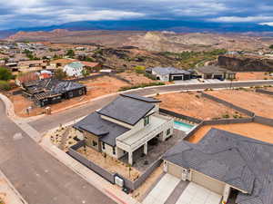 Aerial view of residential area with mountains
