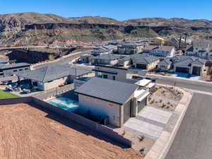 Aerial view of residential area with mountains