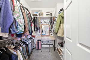 Walk in closet featuring light carpet and attic access