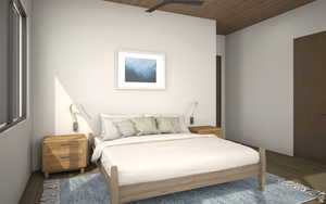 Bedroom with wood ceiling, ceiling fan, and wood finished floors