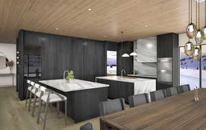 Dining area with wooden ceiling, light wood-type flooring, and recessed lighting