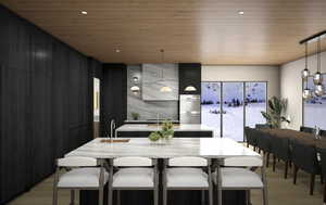 Dining space with recessed lighting and wood ceiling