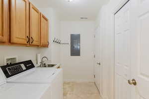 Laundry room with electric panel, cabinet space, and washing machine and clothes dryer