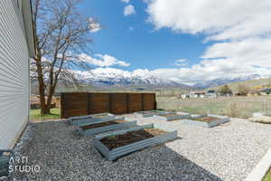 View of yard with a mountain view and a vegetable garden