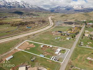Aerial view of property's location with property boundaries highlighted and rural landscape