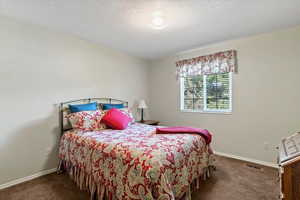 Bedroom featuring dark colored carpet and a textured ceiling