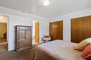 Bedroom with carpet floors, multiple closets, and connected bathroom