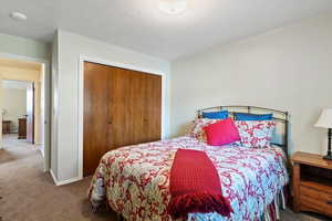 Carpeted bedroom featuring a closet and a textured ceiling
