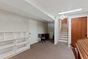 Finished below grade area with light carpet and a textured ceiling